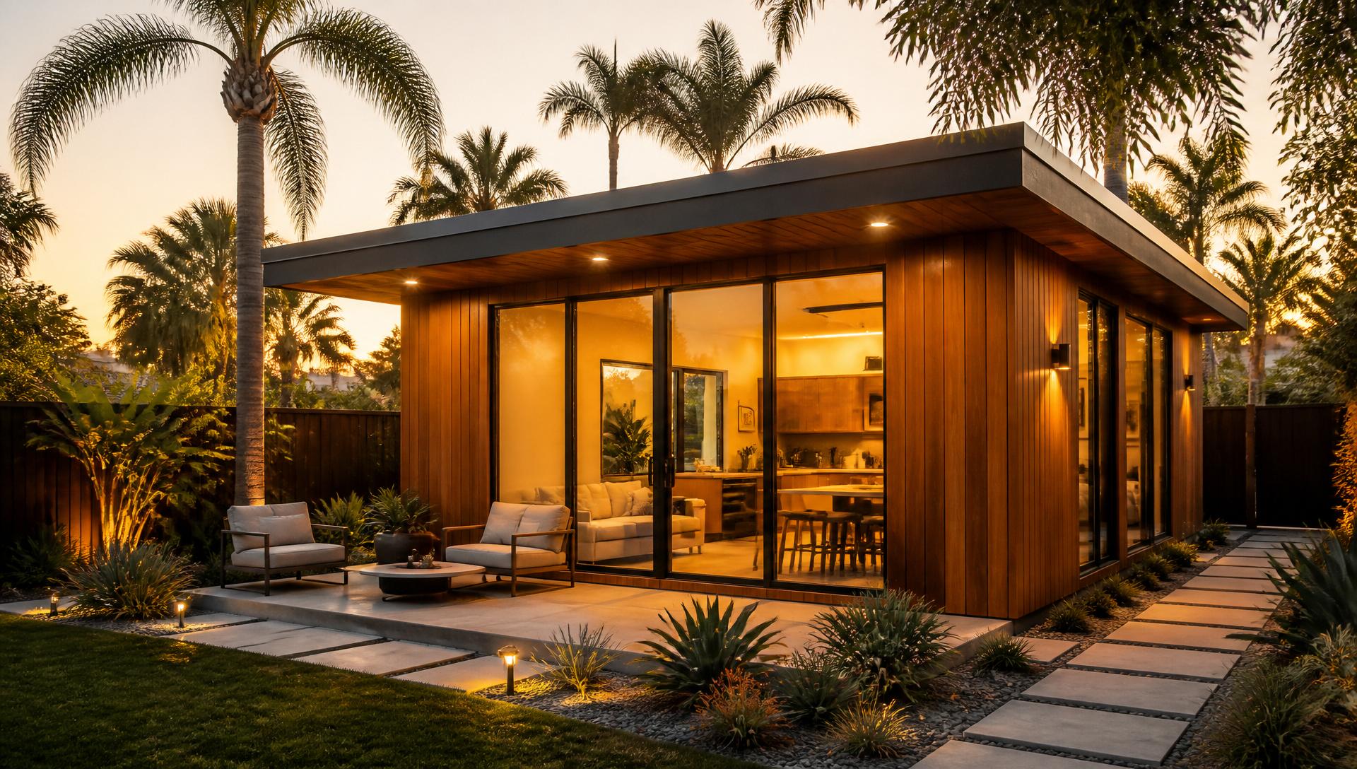 Modern wood-clad ADU in a Long Beach backyard at dusk